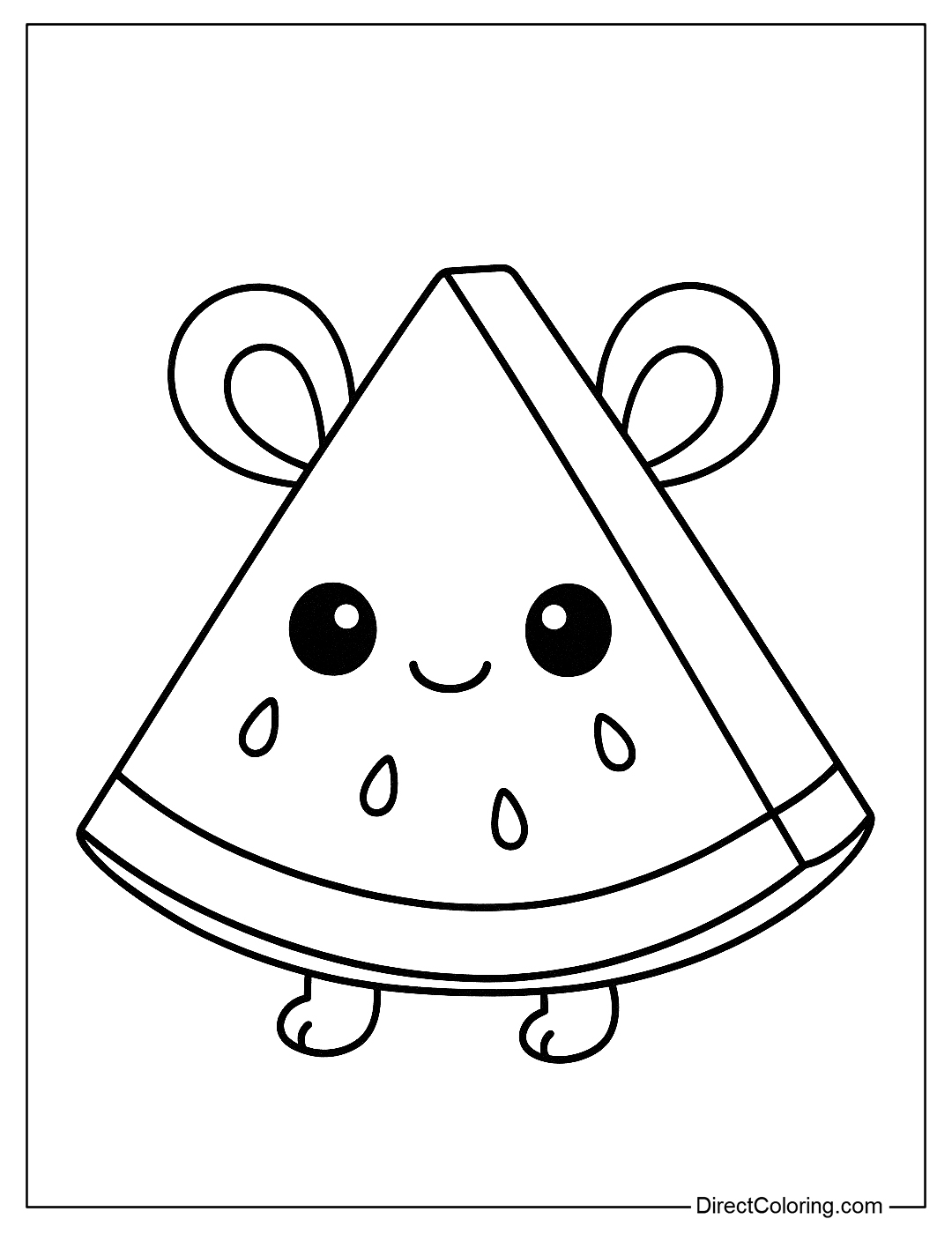 A slice of watermelon coloring page with bear ears, big eyes and little legs like a cute creature.